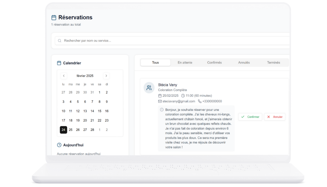 Interface de gestion des réservations