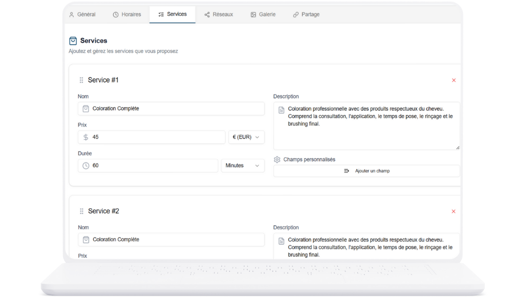 Interface de gestion des services