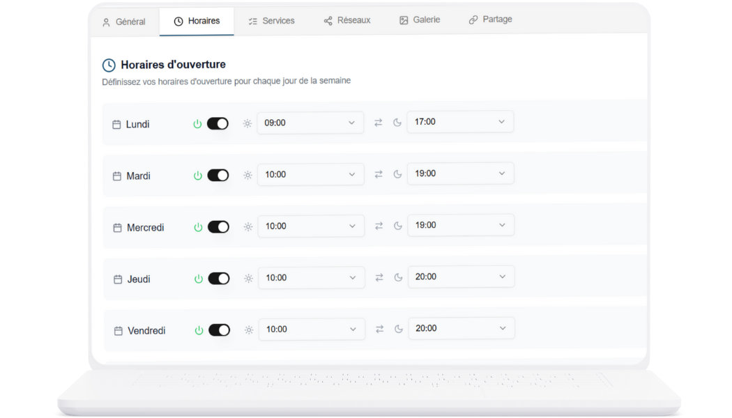 Interface de configuration des horaires